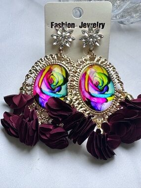 4.75” Fashion Jewelry Gold-Tone Earrings w/ Multicolor Rose and Burgundy Tassels